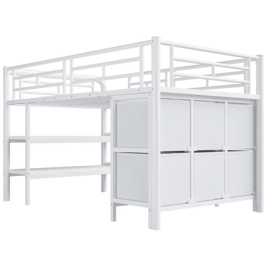 Children's bed 90x200 metal loft bed with storage, wide stairs, rounded corners, drawers and shelves for space-saving organization in the room, white