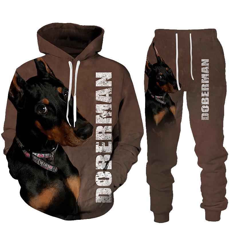 Весенне-осенние толстовки с 3D принтом добермана, спортивные штаны, мужская толстовка с капюшоном, комплекты из 2 предметов, спортивная одежда, спортивный костюм, мужская одежда, костюм
