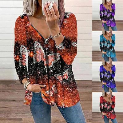 Женские топы с длинными рукавами, пуловер на молнии с v-образным вырезом, футболка с принтом бабочки, блузка