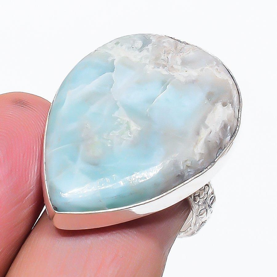 Natural Larimar Gemstone Handmade 925 Sterling Silver Jewelry Ring Size 8.5 M4L43