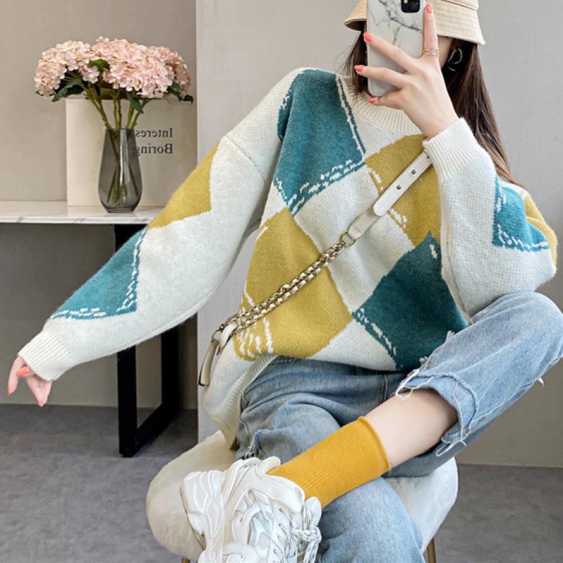 Винтажный свитер большого размера с круглым вырезом и круглым вырезом, свободные осенние свитера для женщин, корейский модный свитер с длинными рукавами