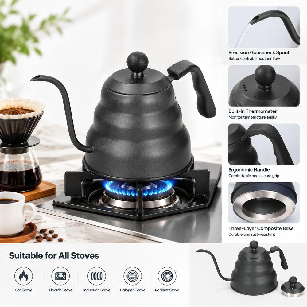 3-Layer Composite Base Coffee Kettle Stainless Steel Pour Over Kettle Drip Kettle Home Kitchen