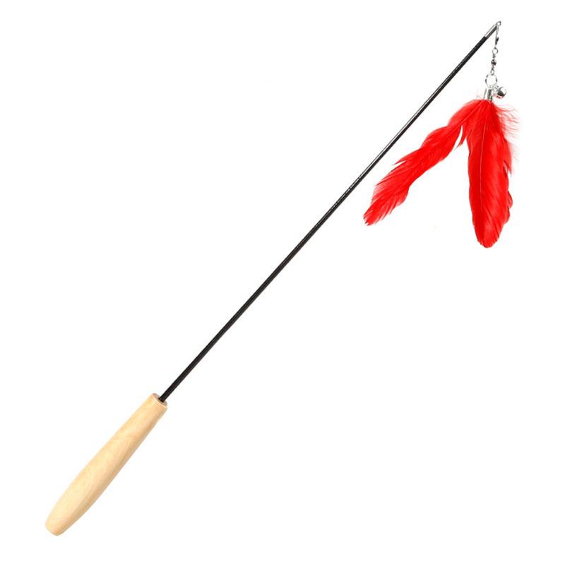 Забавная телескопическая дразнилка для кошек с перьями и колокольчиками, деревянная ручка, стержень из углеродного волокна, игровая палочка для питомца
