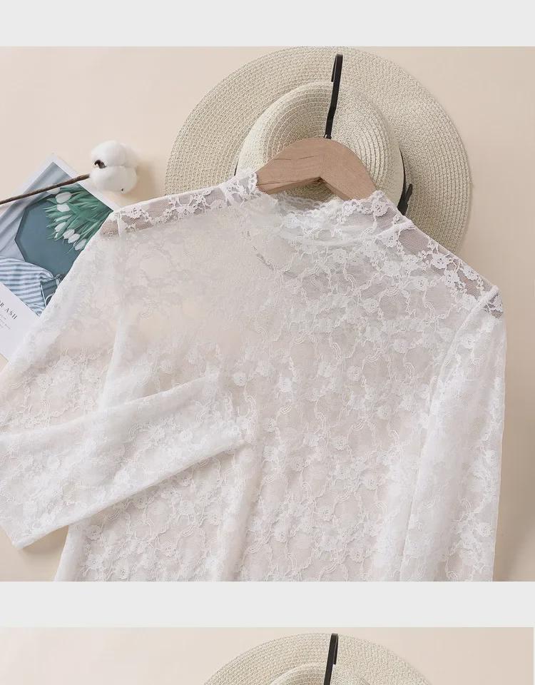 2024 Тонкий корейский кружевной сетчатый пуловер - полувысокий воротник, телесный цвет