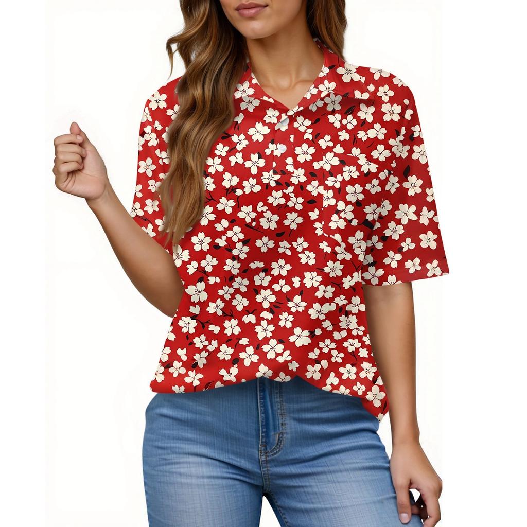 Women's Fashion Casual Button Pocket Shirt Short Sleeve Print Lapel Top