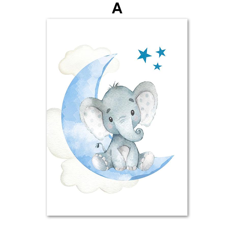 Blue Gray Elephant Moon Stars Nursery Wall Art Custom Boy Name Canvas Painting Poster And Print Baby Shower Gift Kids Room Decor