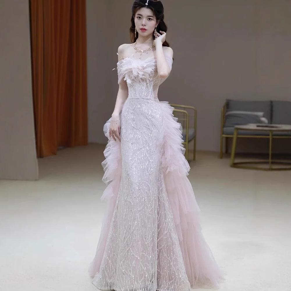 One-word shoulder evening dress 1011 new summer pink engagement dress high-end light luxury wedding toast dress bride