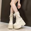 Fashion Women Punk Boots Fashion Chunky Leather Sneakers 14CM Wedge Buckle Rivet Platform Motorcycle Ankle Boots