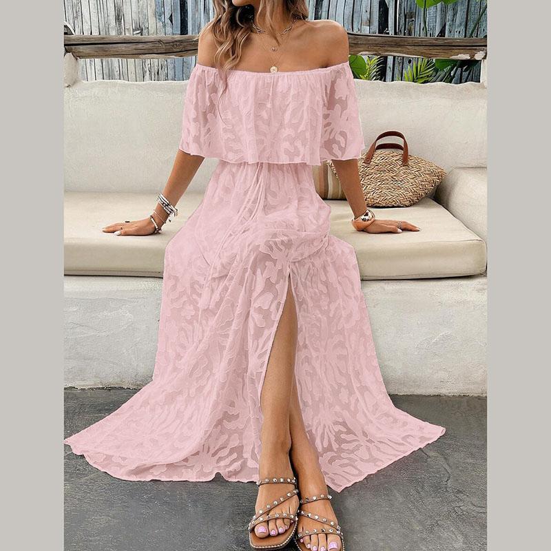 Женское летнее повседневное белое платье с открытыми плечами и вышитым кружевом с высоким разрезом