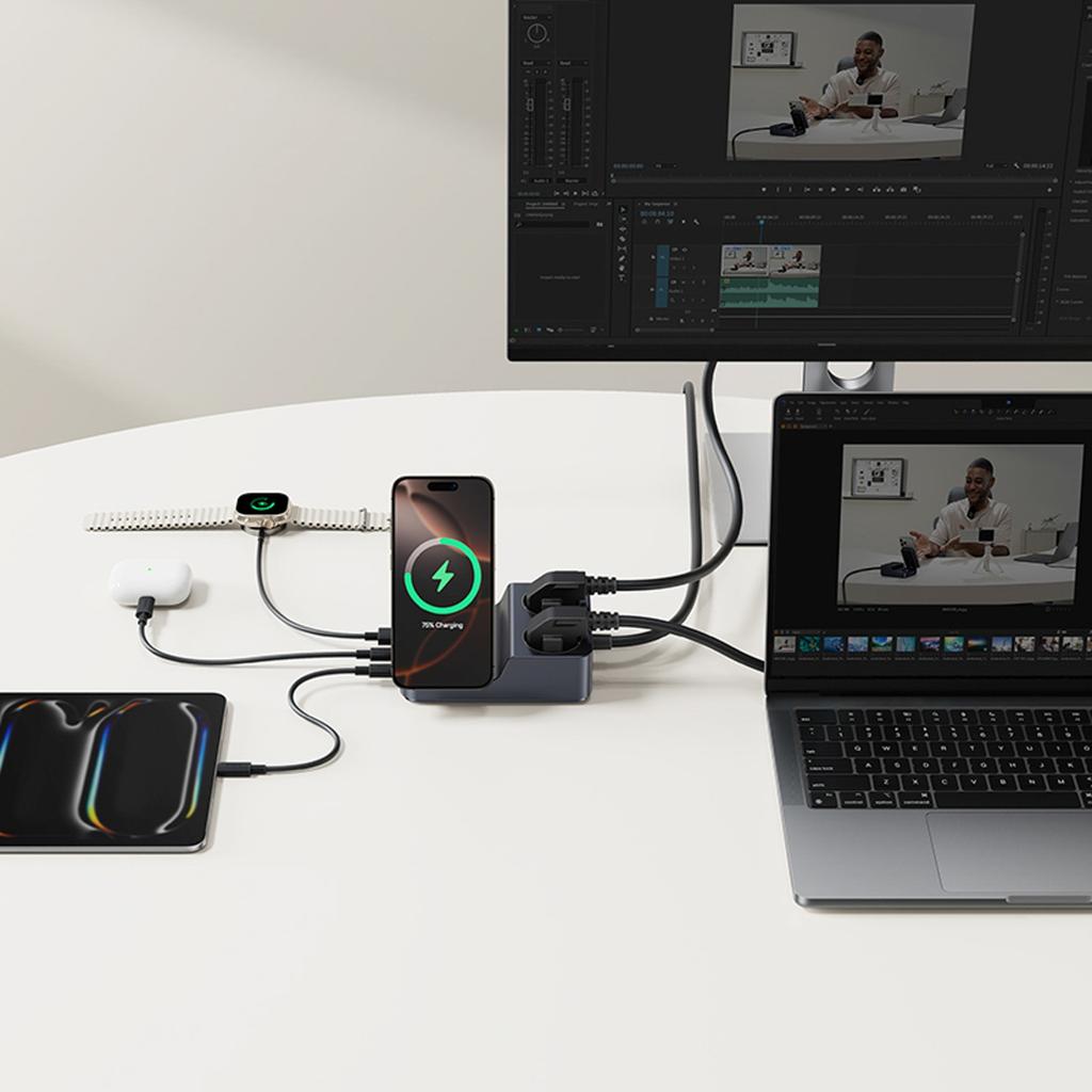 6-in-1 Wireless Charging Station USB-A USB-C 2x AC Socket 67W - Black