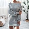 Women's Autumn and Winter Long Sleeve One-Line Neck Casual Loose Knit Sweater Dresses