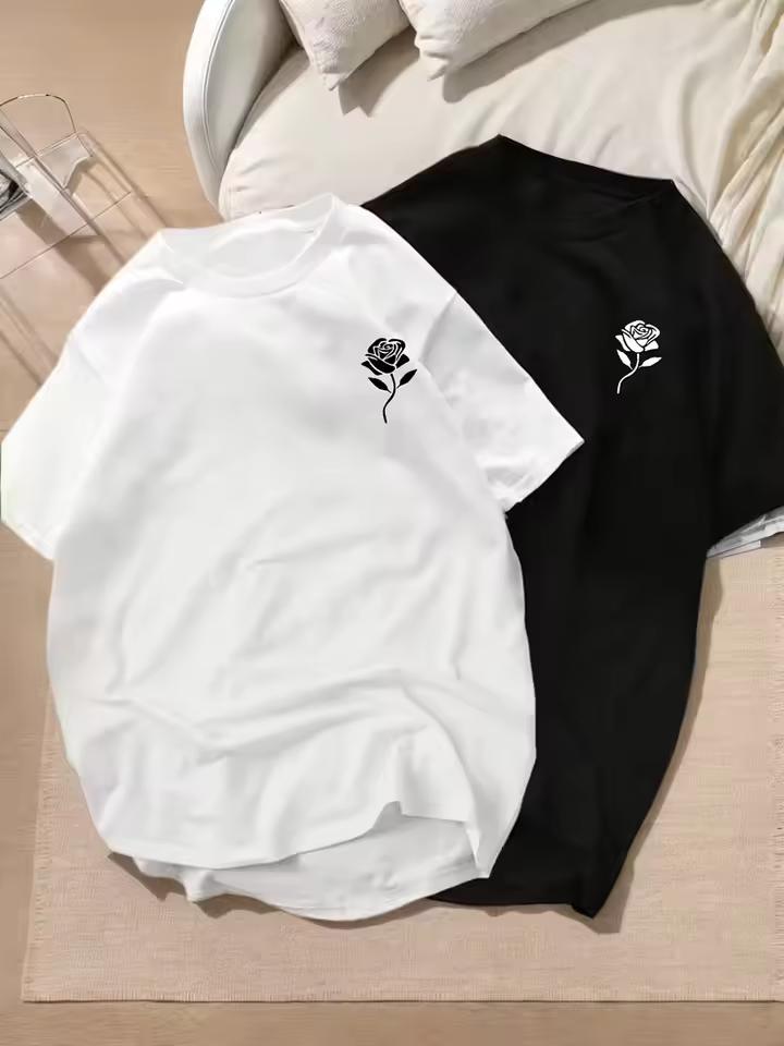Men Women Simple Rose Graphic Tee, Casual Round Neck Short Sleeve Top, Minimalist All-match T-Shirt for Daily & Leisure Wear