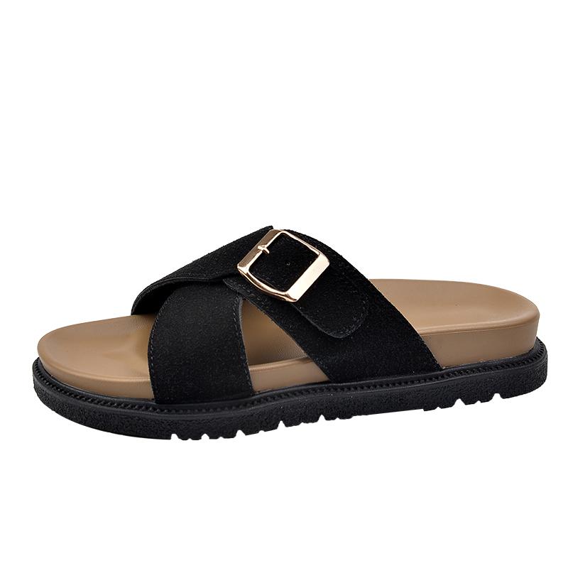 Women's Fashion Flat Slippers Summer New Round Head Open Toe Suede Metal Buckle Anti-slip Wear-resistant Sandals