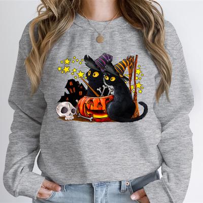 Толстовки с привидением на Хэллоуин для любителей кошек, женская толстовка с капюшоном с принтом скелета и черного кота, толстовки с капюшоном с тыквой-скелетом и привидением на Хэллоуин