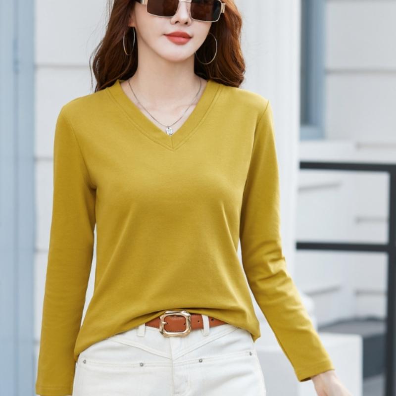 Женская облегающая футболка с V-образным вырезом и длинным рукавом, однотонный топ для повседневных рубашек на весну и осень