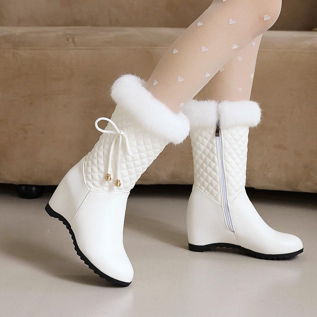 Winter White Real Hair Women 'S Snow Boots Fashion Warm Plush Boots Ladies Round Toe Zip Slope Heel Snow Boots Size 33 -43