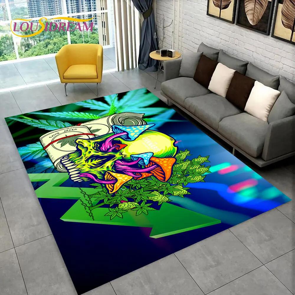 Maple Weed Plants Green Death Skull Area Rug,Carpet Rug for Home Living Room Bedroom Sofa Doormat Decor,kids Non-slip Floor Mat