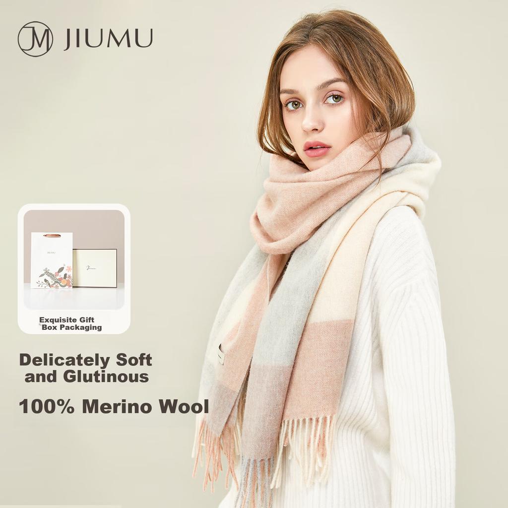 JIUMU Pure Wool Scarf for Women Autumn Winter Warm Shawl Large Wrap Gift Box New Year Birthday Present for Girls