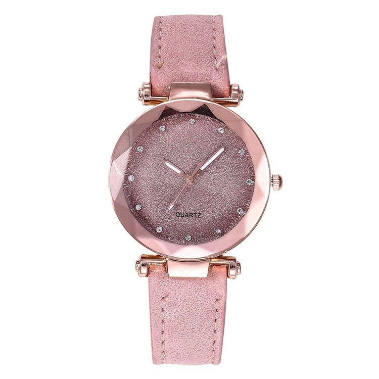 Trendy Unisex Rose Gold Korean Rhinestone Leather Strap Wristwatch Watch Fashion Ladies Quartz Female