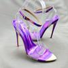 Модные женские босоножки с заклепками фиолетового цвета с острым носком, прозрачные, из ПВХ, каблуки 12 см, пряжка на щиколотке, модная обувь для вечеринок и свадеб, женские размеры 33-45