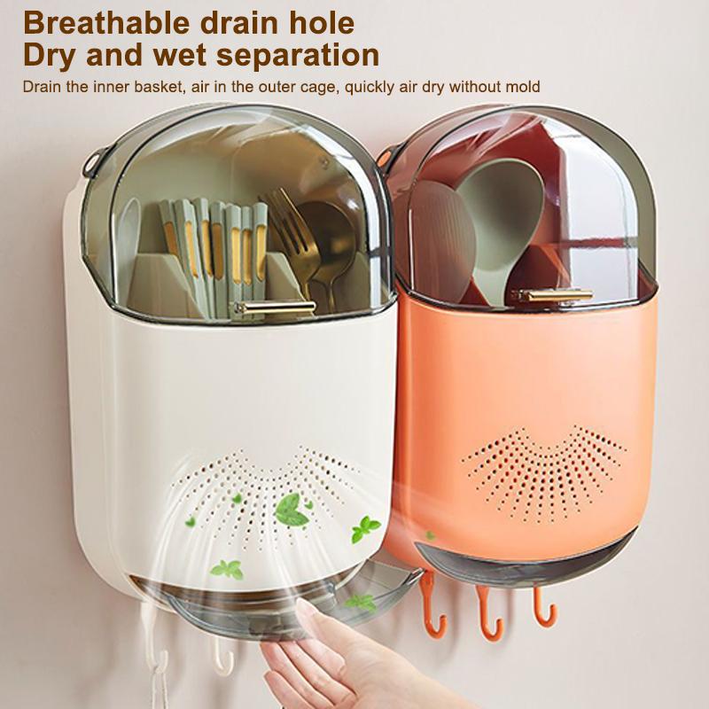 Kitchen Cutlery Storage Box Wall Mount Tableware Storage Holder With Lid Dustproof Spoon And Chopstick Organizer Drain Racks