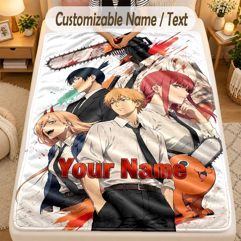 Flannel BlanketChainsaw Man Custom Name Text Personalized Soft Warm Throw Blanket Home Decor Gift