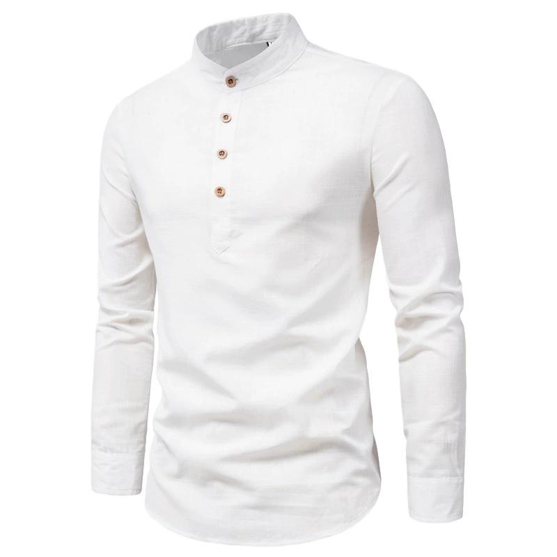 Men's Solid Color Stand Collar Long Sleeve Shirt, Smil Fit Casual and Fashionable Cotton Long Sleeve Henry Shirt