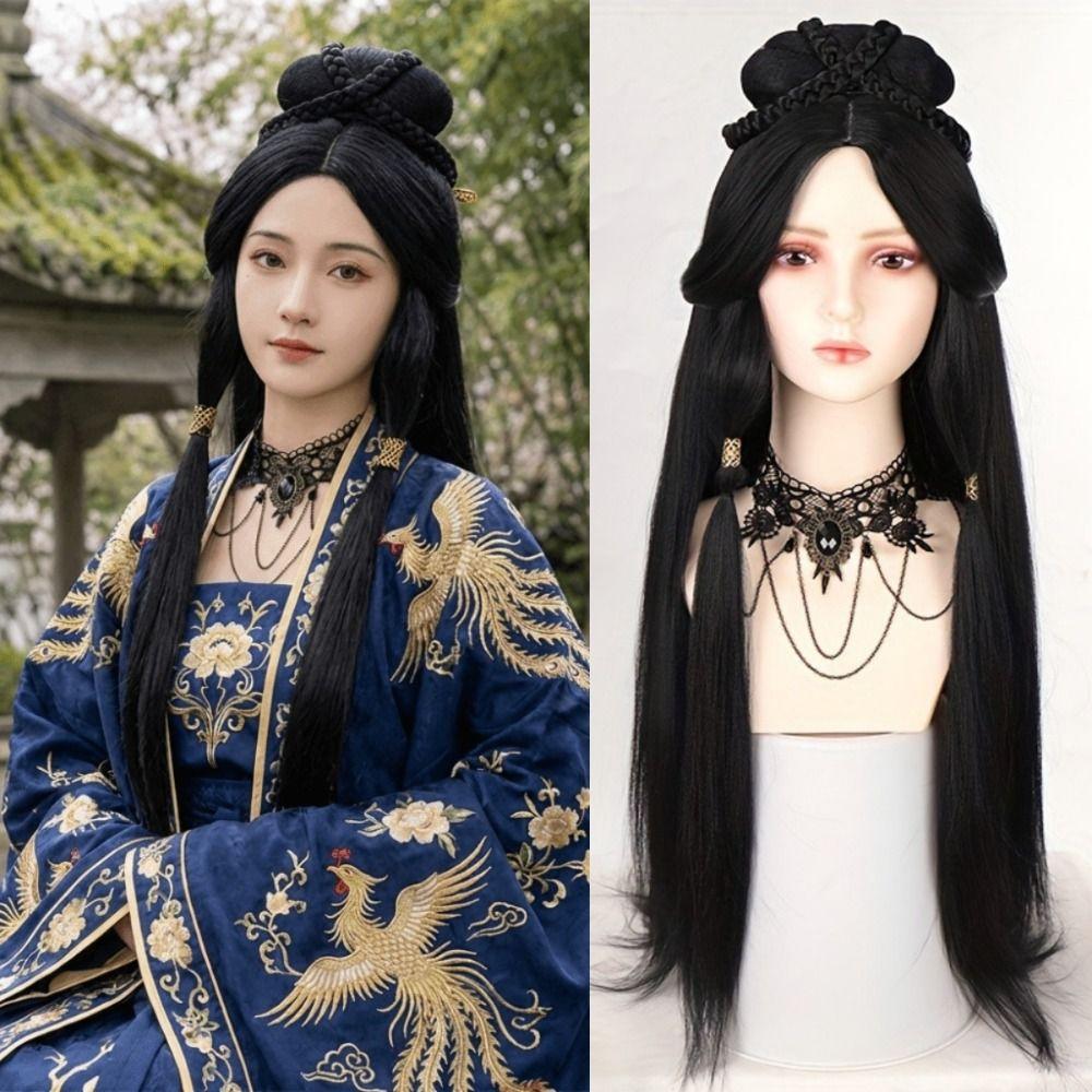 Vintage Chinese Traditional Costume Wig Headdress Black Full Wig Headpiece for Retro Styling