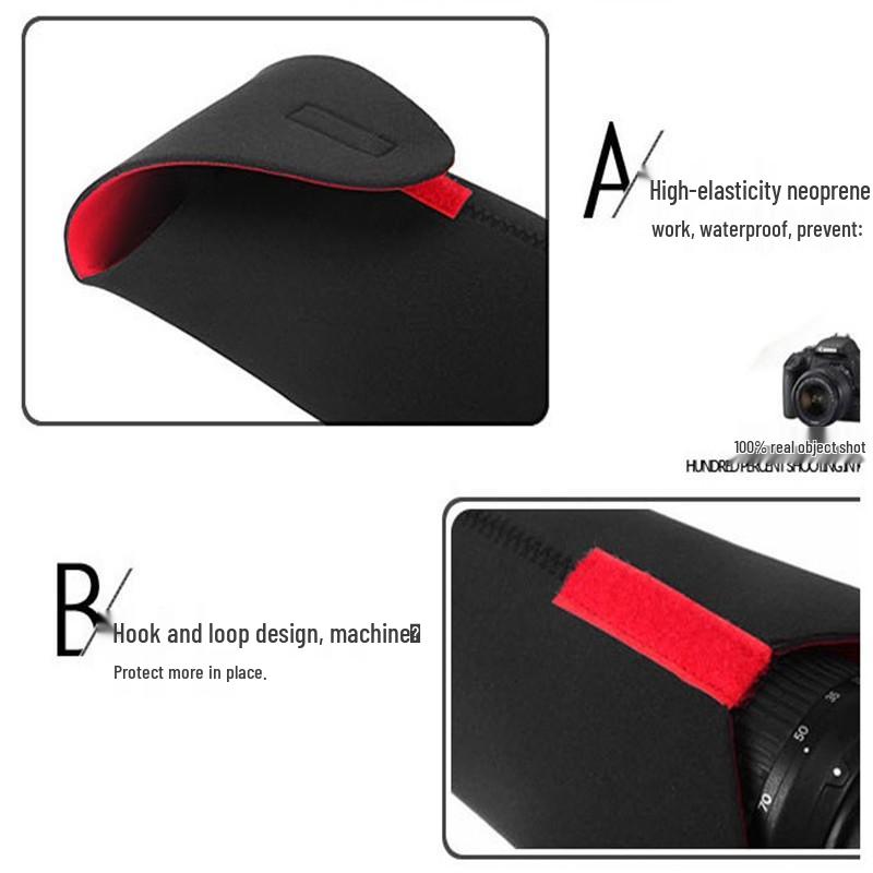 Neoprene Red & Black SLR Camera Lens Pouch - Elastic Protective Storage Bag