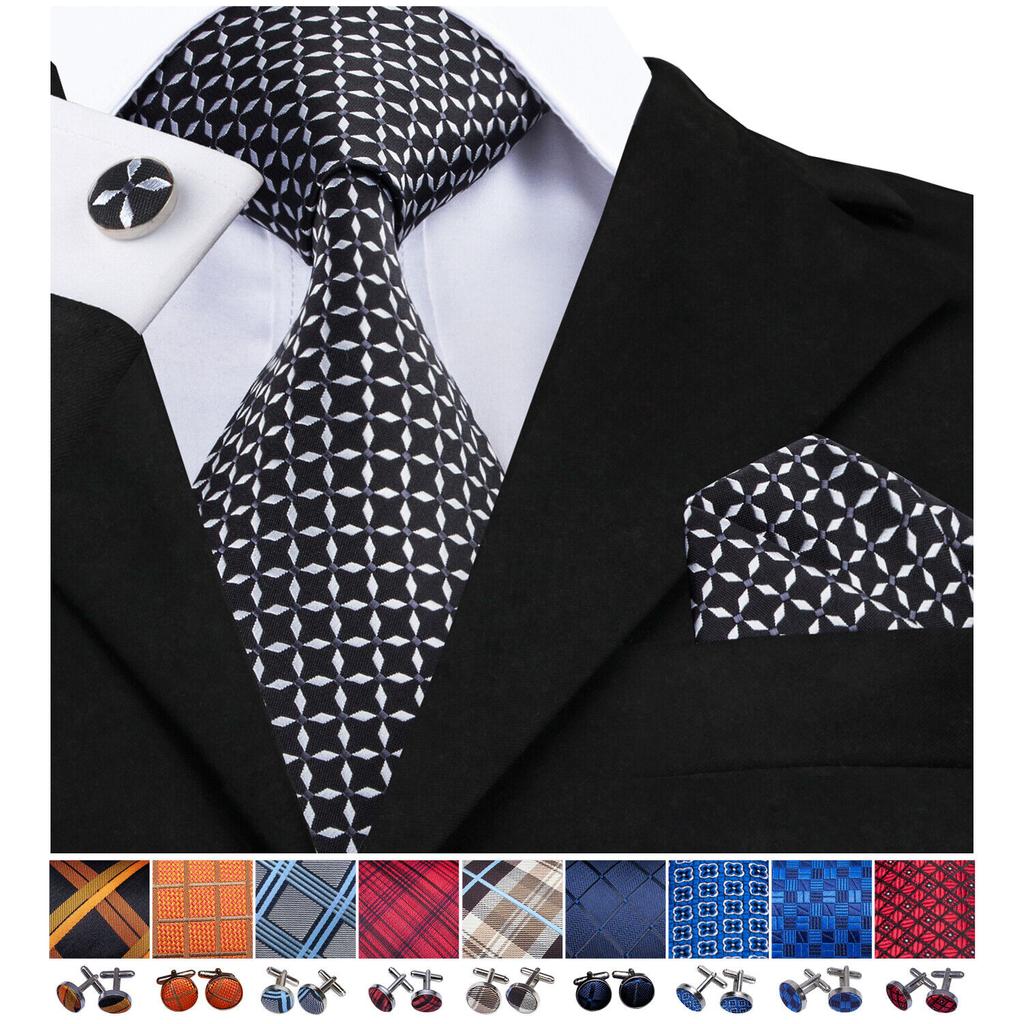 Barry.Wang Classic Tie for Men Woven Silk Striped Neckties Handkerchief Set Cufflinks Formal Casual