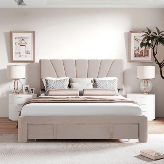 140x200cm Velvet Fabric Solid Wood Bed with Backrest Large Drawer Ergonomic Design Strong Wood Slat Support Bed Home Furniture