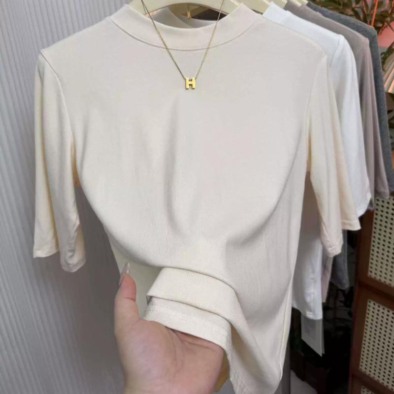 Elastic Cotton Temperament, Inner T-shirt for Women To Look Slim, Mid Sleeves, Five Quarter Sleeves, Half High Collar, Base Shirt, Size Large