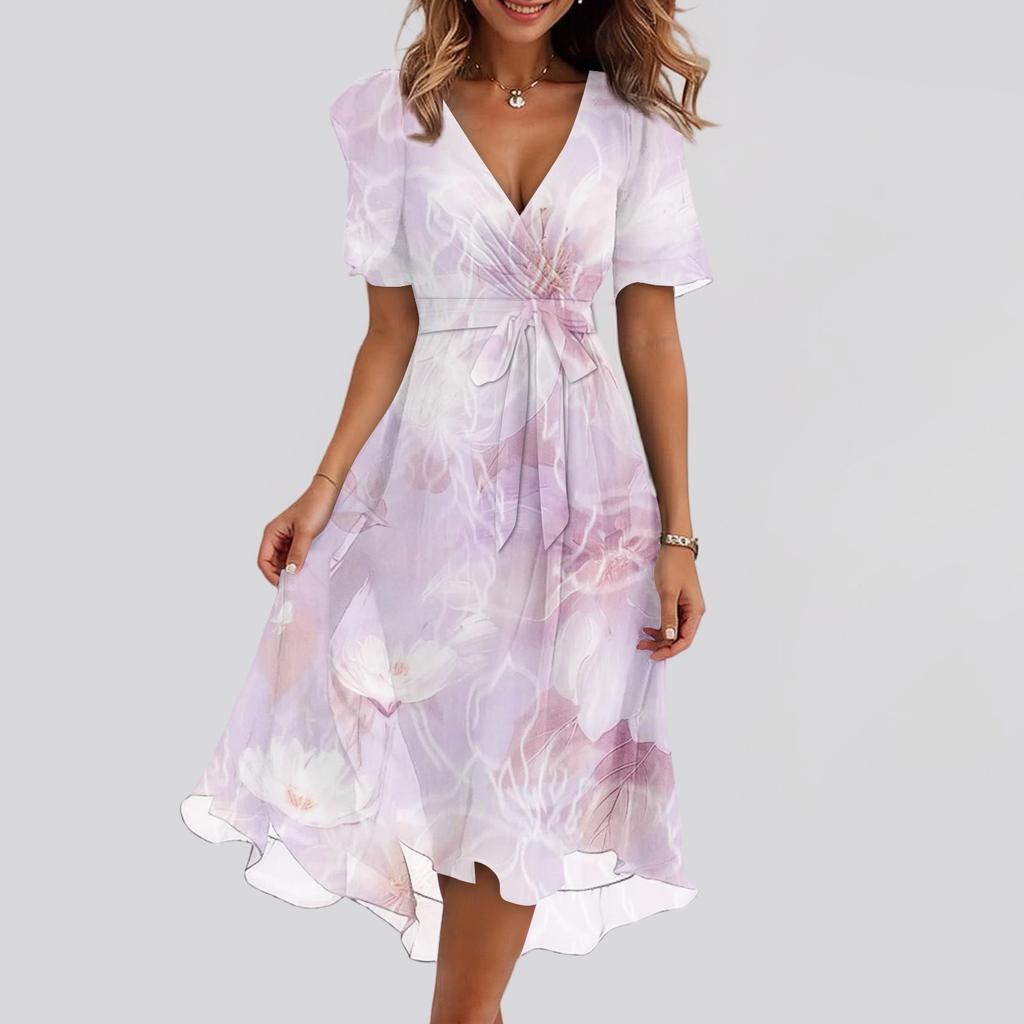 Женские модные повседневные платья с V-образным вырезом, короткими рукавами и оборками, винтажным принтом