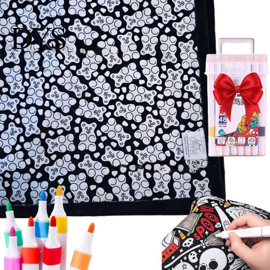 Канцелярские товары для домашнего обучения DIY Одеяло для раскрашивания с 24 маркерами, Раскрась свое одеяло, 59" x Многоразовый тканевый холст 45" Мягкий уютный плед