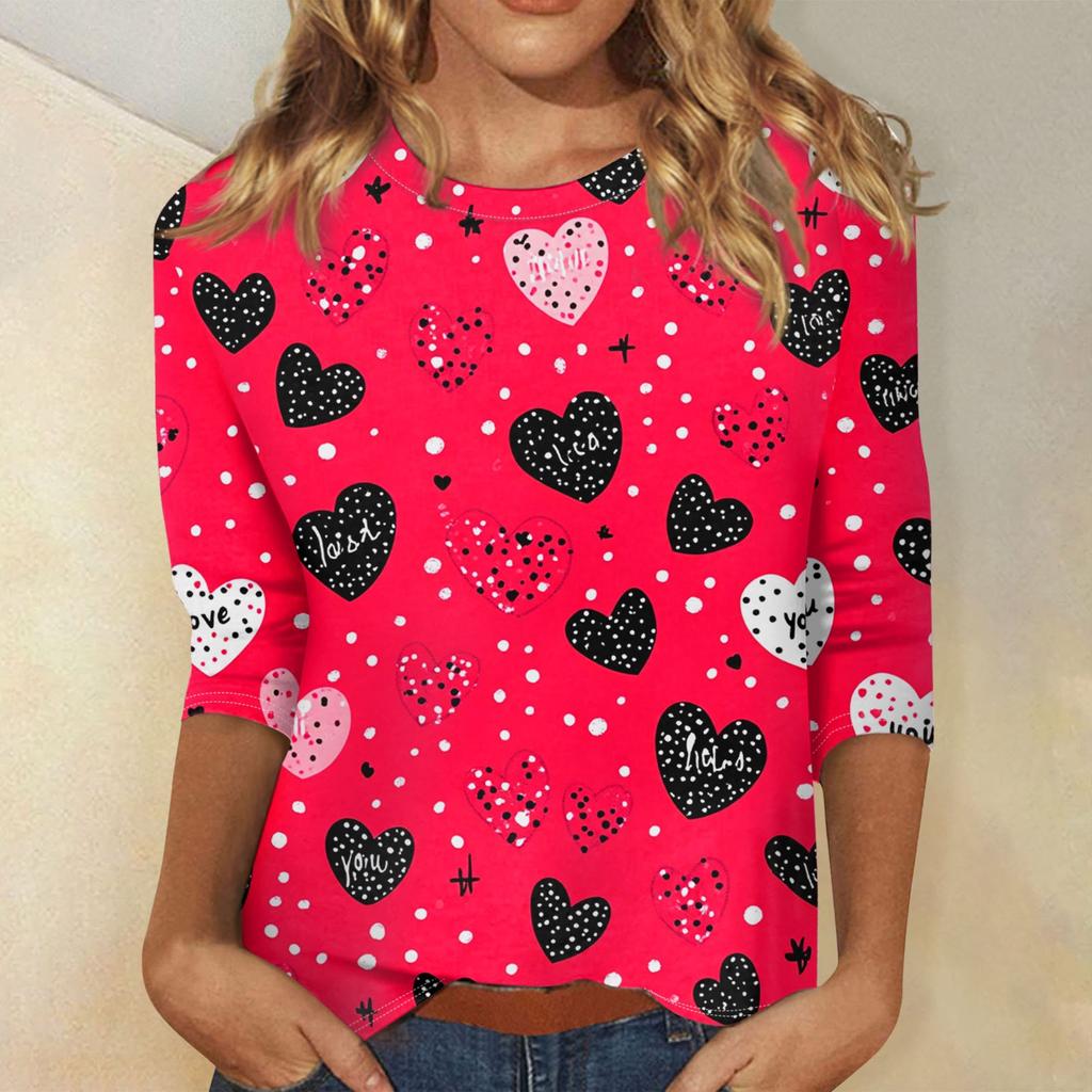 Женские топы с рукавом три четверти, рубашка на День святого Валентина, круглая горловина, свободная повседневная рубашка