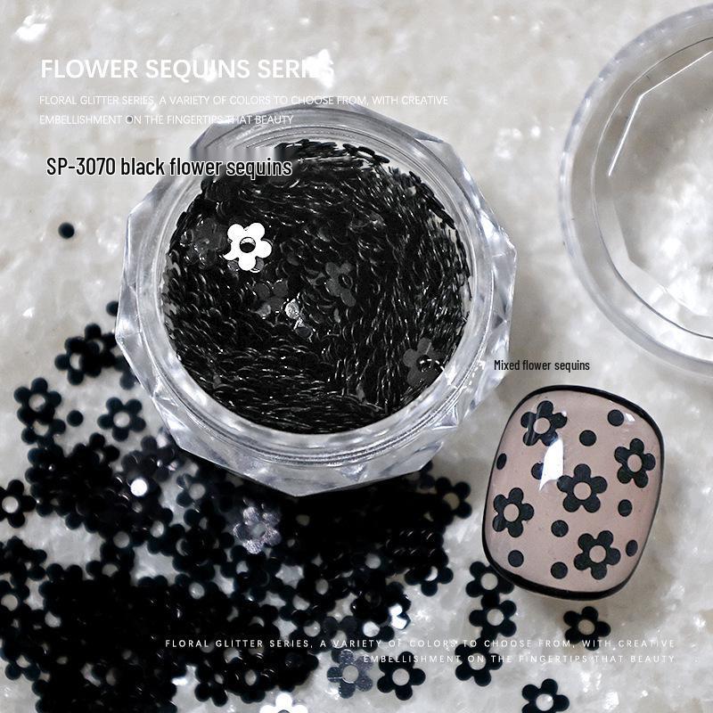 Fairy Nail Art Decorations: Flower Petal Glitter Sequins in Gold, Silver, Black, and White