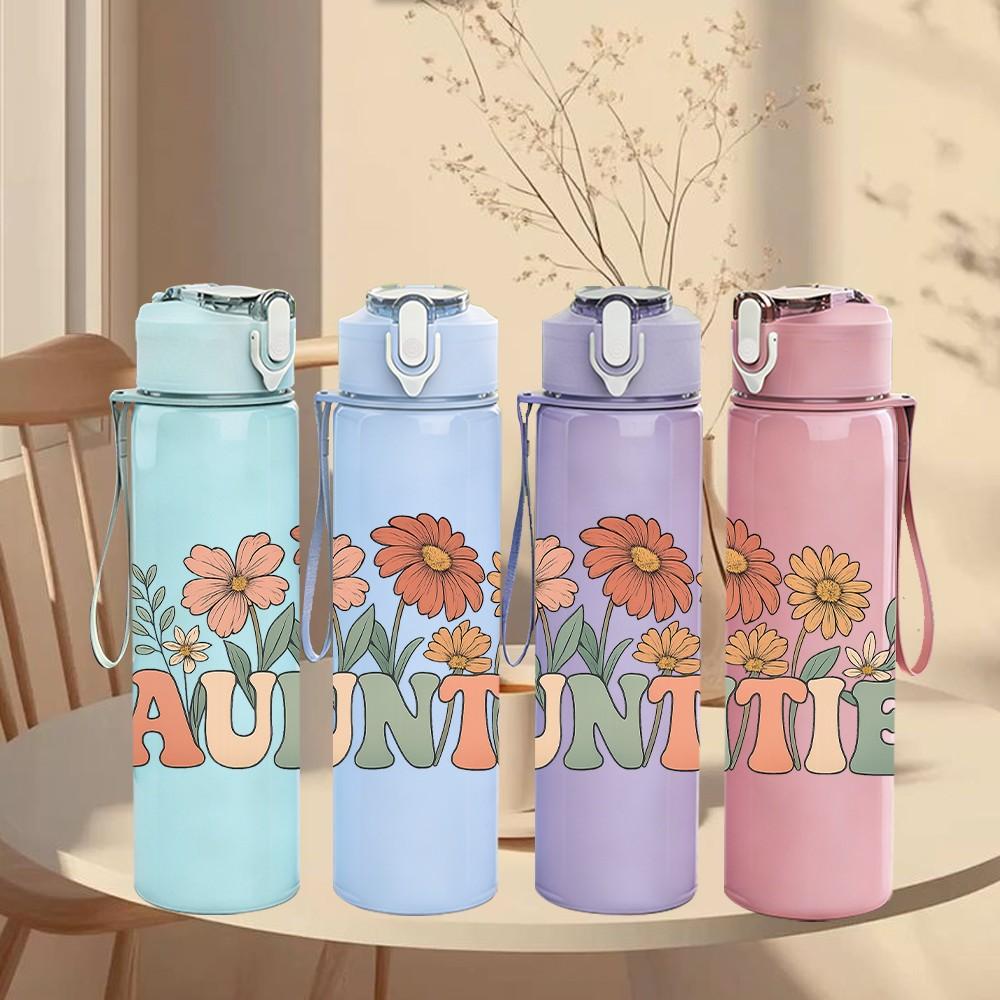 1PC Auntie Wildflower Letter Art 750ml Color Plastic Sports Water Bottle Leakproof Flip Straw Lid Suitable for Sports Office Home Use