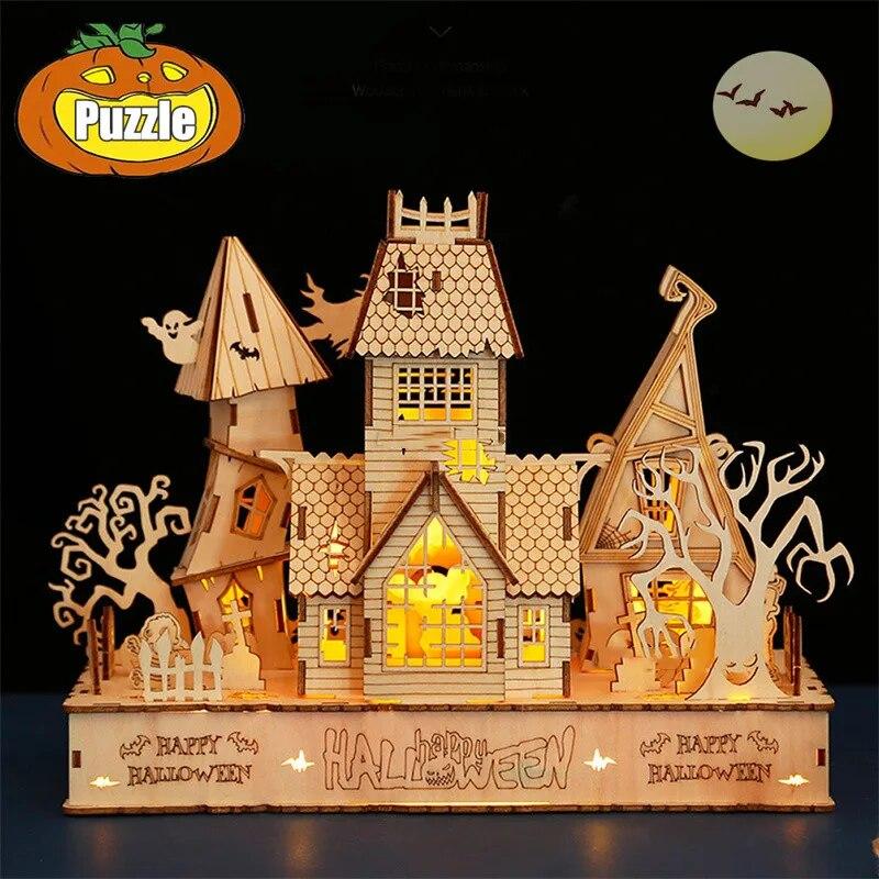 3D Halloween Haunted House Wooden Puzzle Ghost Tree House Light DIY Model Craft Kits Desk Decoration Toys Gift For Kids
