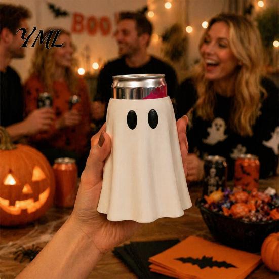 Festive Beverage Accessory Halloween Ghost Can Holder, Spooky Figurine Drink Reusable Flexible Slim Cover Cooler Sleeve, for Party Standard