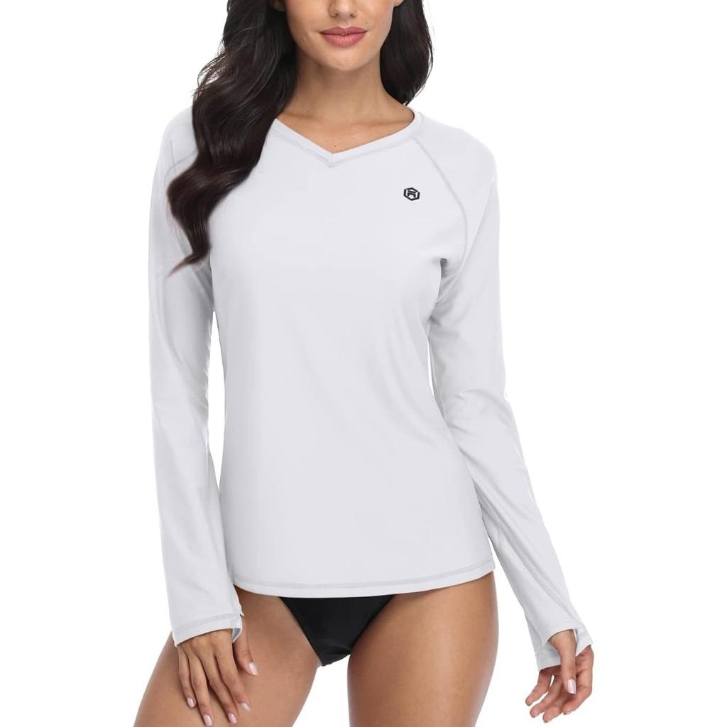 CHARMLEAKS Женская рубашка для плавания с защитой от опрокидывания, с длинным рукавом, защита от солнца, отверстие для большого пальца, UPF 50, V-образный вырез