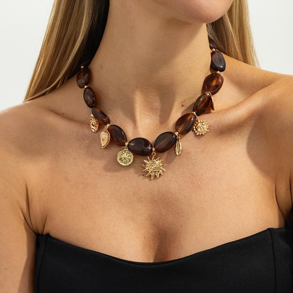 Retro Tiger Eye Stone Necklace Women Ethnic Style Y Geometric Irregular Pendant Necklace Fashion Romantic Party Jewelry Gifts