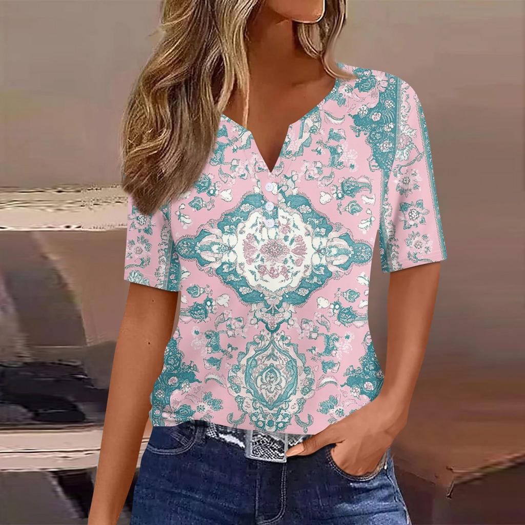 Женская повседневная футболка с коротким рукавом и V-образным вырезом, декоративная отделка пуговицами