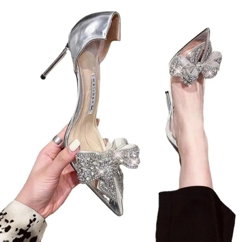 Новые острые женские ветровые сандалии со стразами и узлом-бабочкой, прозрачные женские босоножки на высоком каблуке, модная обувь