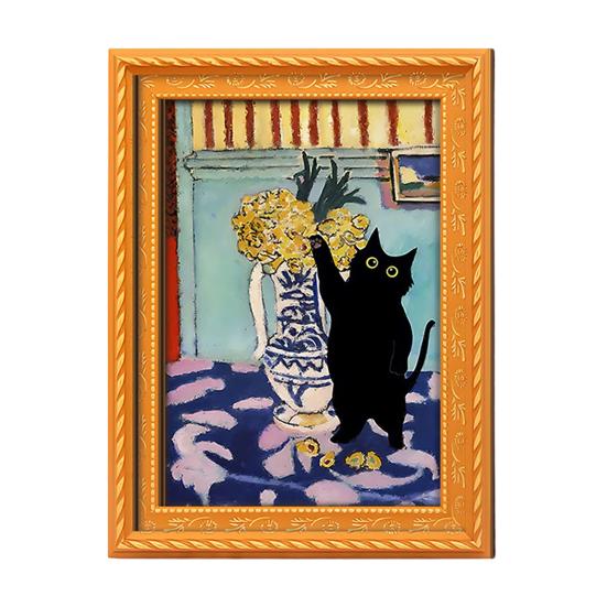 Photo Frame Refrigerator Magnets Oil Painting Cat Magnet, Wooden Black Magnetic Magnet Theme Retro Rectangle Decoration Decorative Fridge