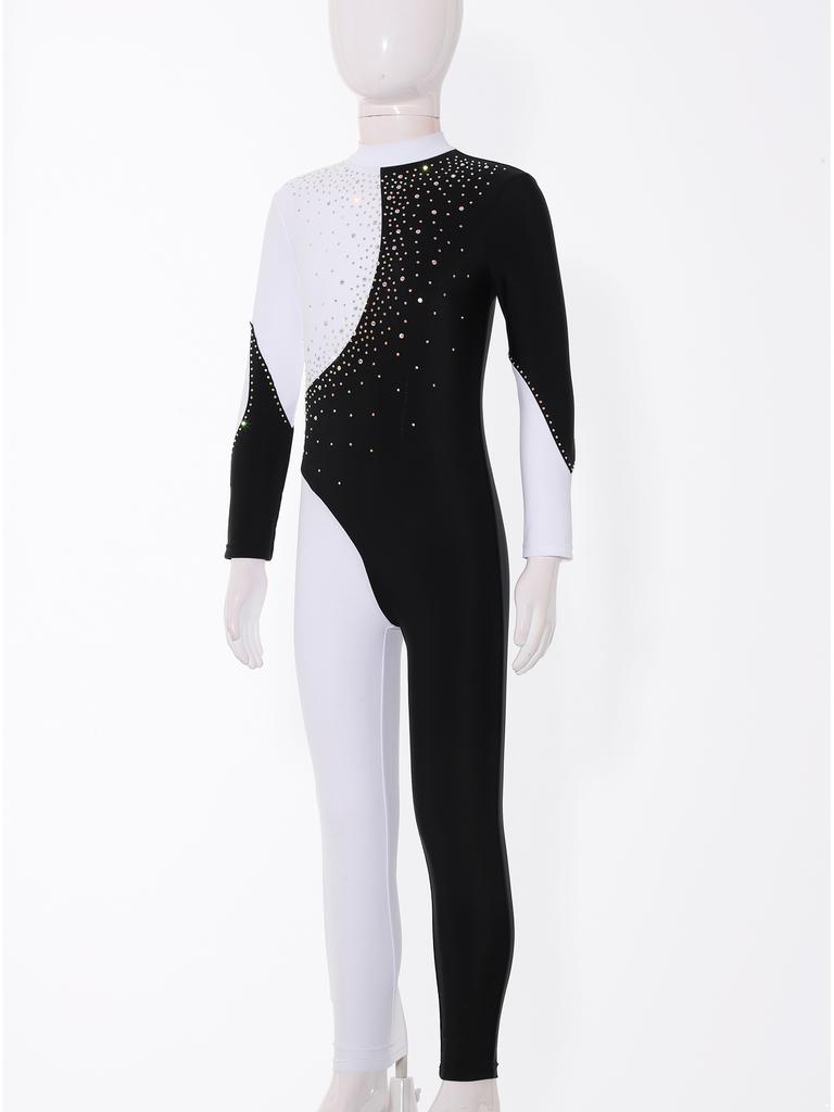 Детский комбинезон для выступлений контрастного цвета со стразами для танцев и гимнастики