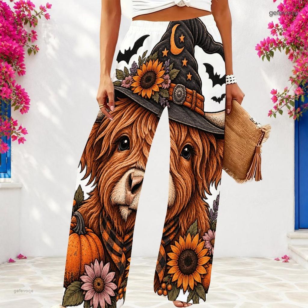 Women Plus Size White Loose Wide Leg Full Length Pants Halloween Bear Pumpkin Printed