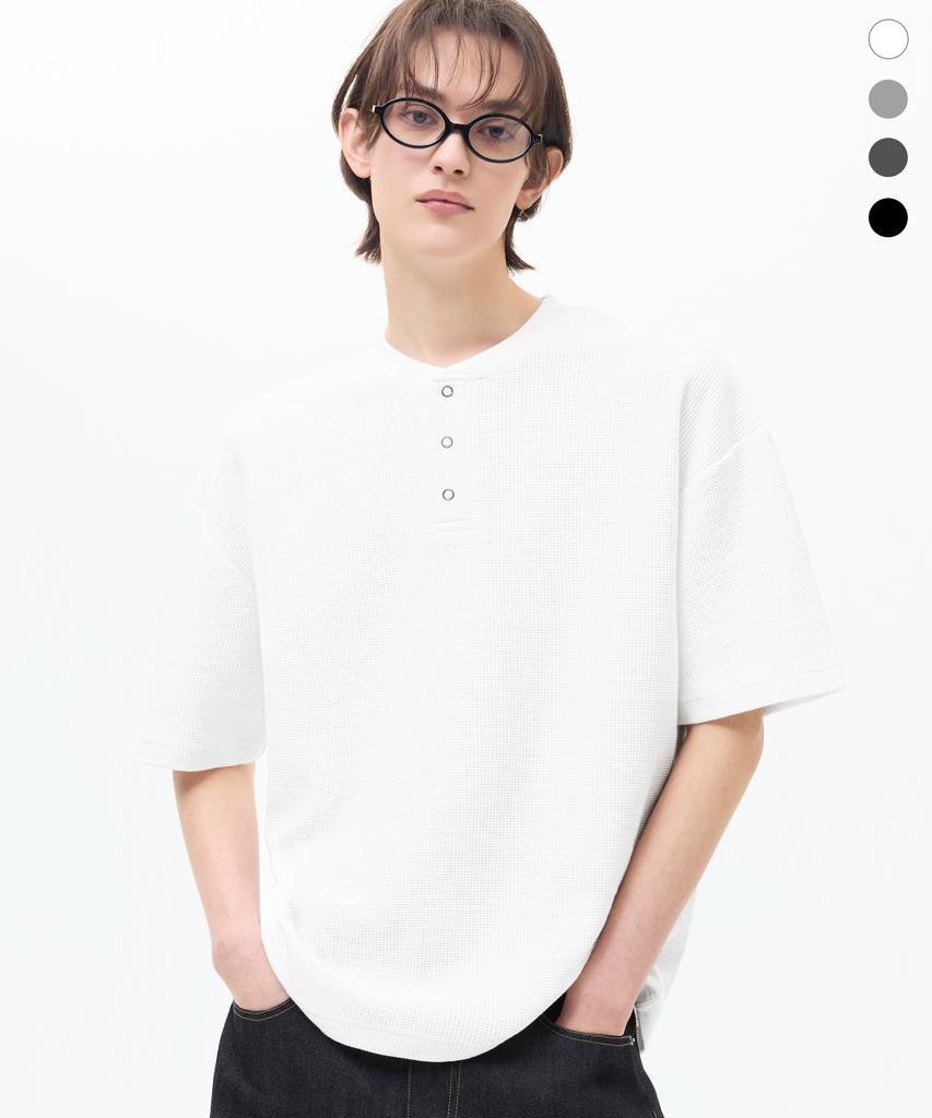 TRILLION Waffle Ring Snap Henley Neck Half Sleeve_4Color