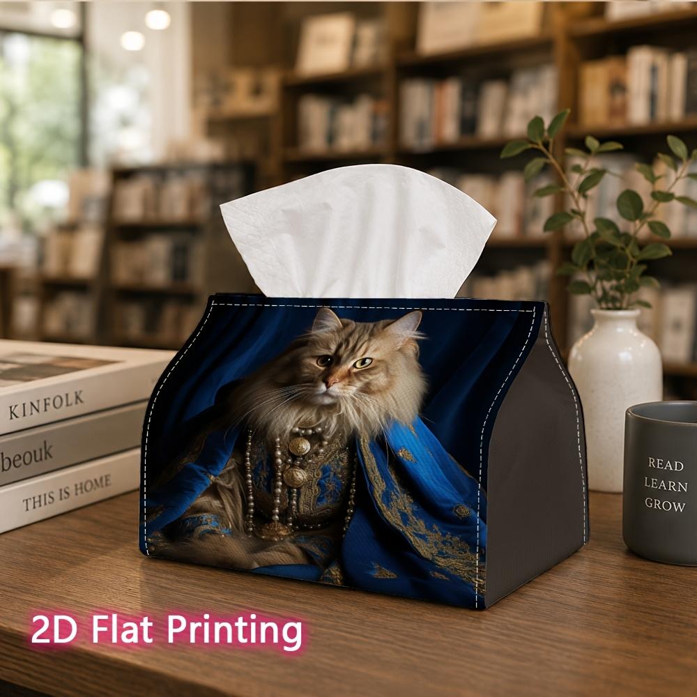 1pc, 2d Flat Printing, Tissue Box Royal Blue Golden Cat Pattern Printed Tissue Box, Suitable for Bathrooms, Living Rooms, Bedrooms, Dressing Tables, C