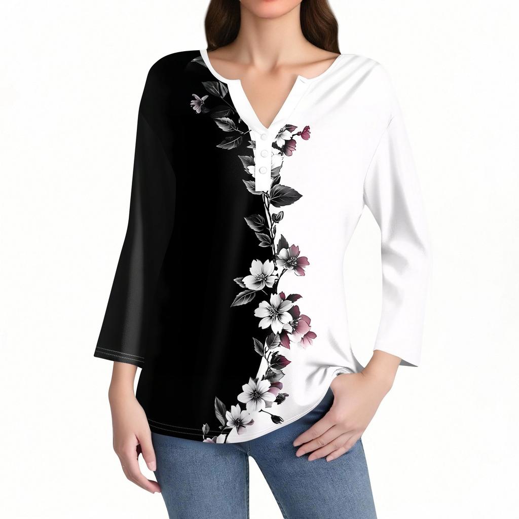 Жен. Футболка С принтом Пуговицы Рукав 3/4 Повседневные Выходные Мода Классический Классический V-образный вырез Обычный Верх