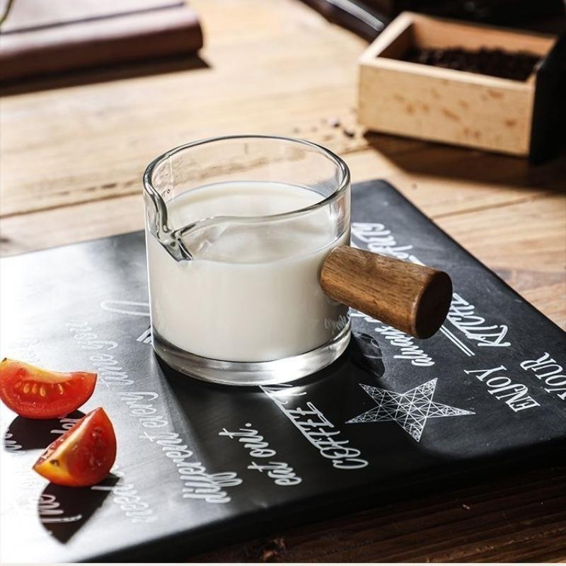 1 шт. Стеклянная мерная чашка с деревянной ручкой Стеклянная мерная чашка для эспрессо Двойная Одинарная горловина Молоко Кофе Прозрачная кружка Кофейные принадлежности